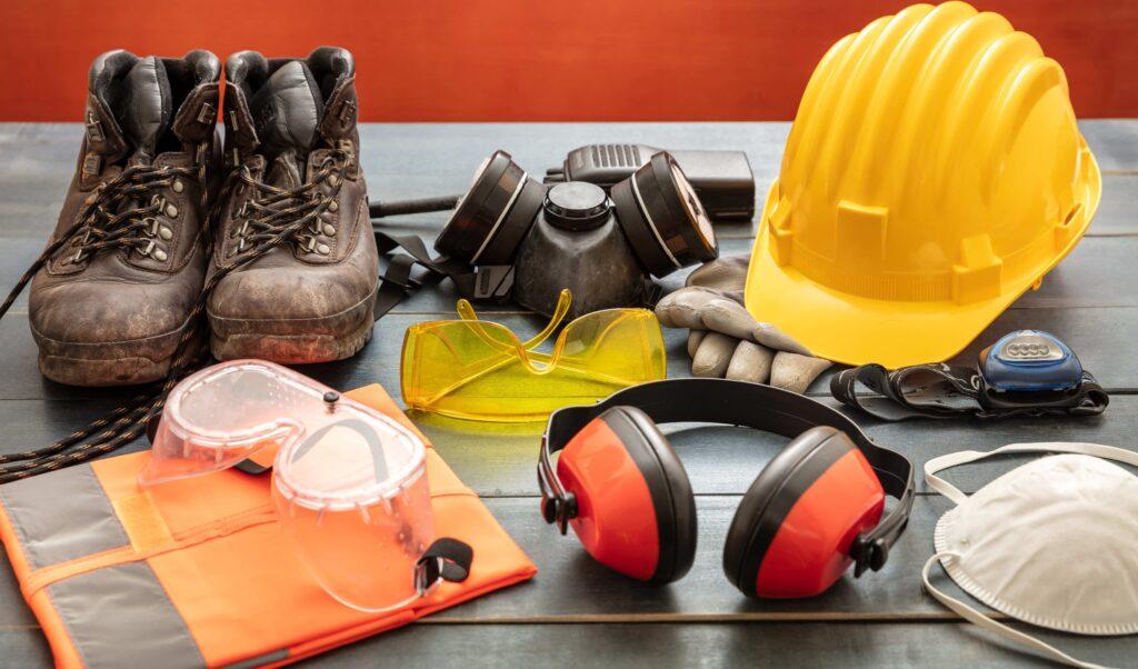 Arbeitsschutzausrüstung. Industrielle Schutzausrüstung auf Holztisch, roter Hintergrund.