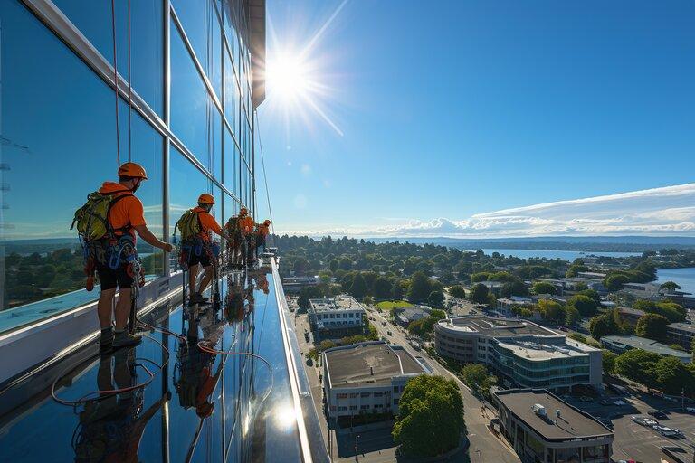 Arbeiter, die mit Sicherheitsgurten und Schutzhelmen ausgerüstet Fenster in Hochhäusern putzen, werden bei ihrer Arbeit in der Höhe vorsichtig an Seilen aufgehängt.