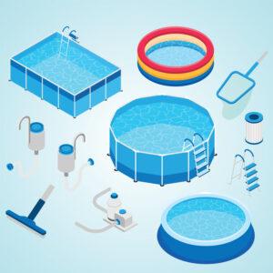 Schwimmbad-Ausrüstung mit isolierten Icons, Pumpen, Reinigungstools, runden quadratischen Pools, Vektor-Illustration