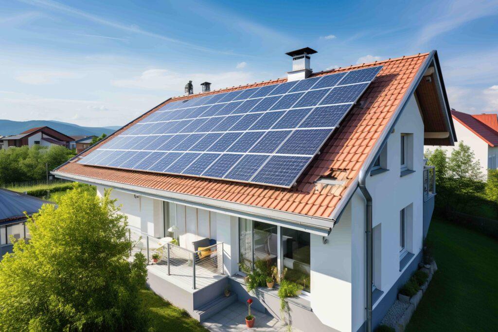 Modernes Haus mit Sonnenkollektoren auf dem Dach.