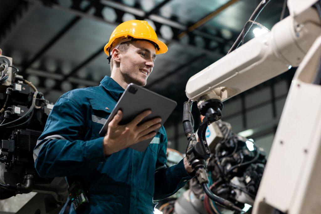 Techniker prüft automatisierte Industrieanlage mit Tablet – Neigungssensoren unterstützen präzise Bewegungssteuerung im Maschinenbau