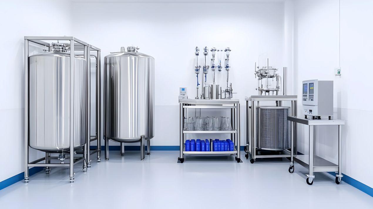 Steriler Produktionsbereich mit Edelstahlgeraeten und Reinraumreinigung nach GMP-Standards
