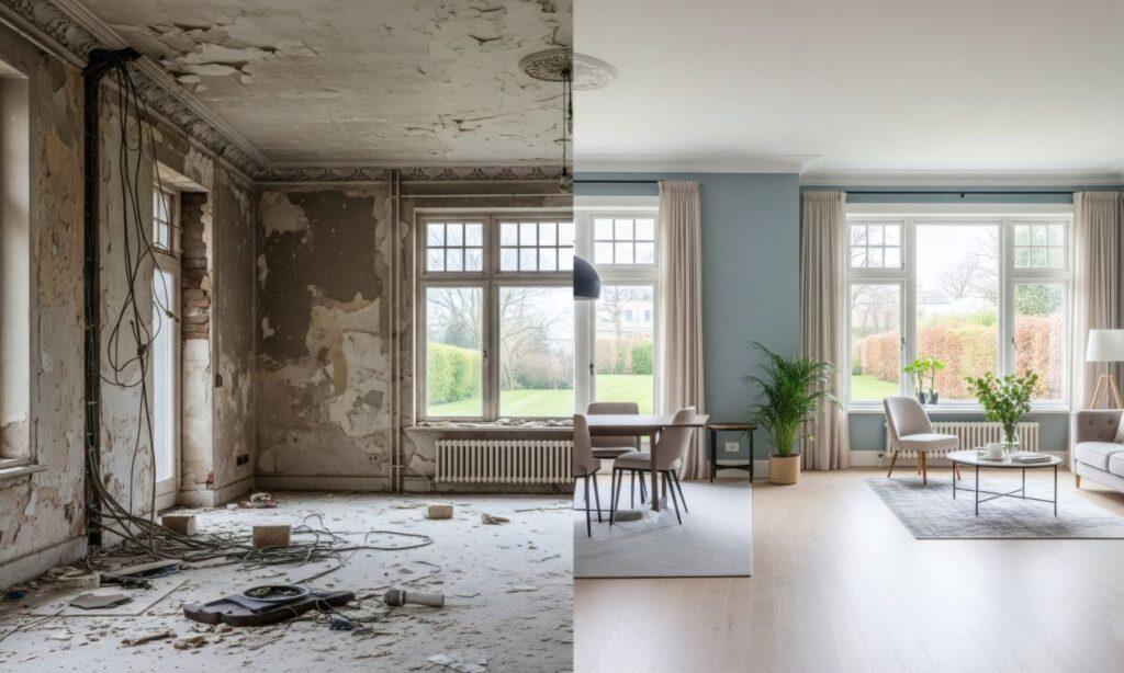 wohnungssanierung berlin: sanierungsbedürftiger Altbau im direkten Vergleich mit modernisierter Wohnraumgestaltung