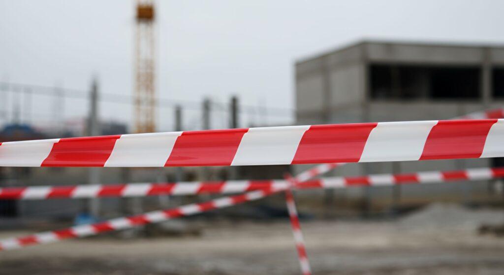 Rot weisses Absperrband sichert Baustelle im Aussenbereich ab, unscharfer Rohbau im Hintergrund